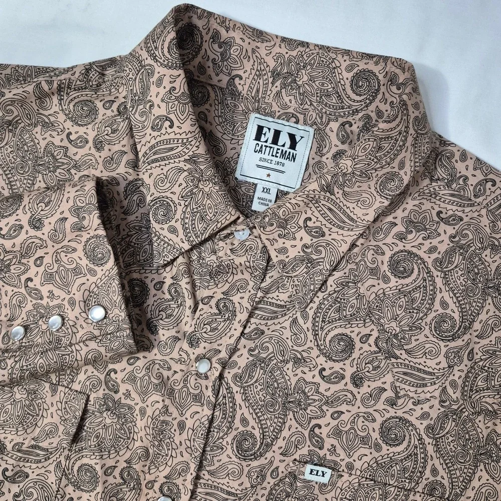 Ely Cattleman Western Shirt Mens XXL Tan Paisley Pearl Snap Long Sleeve Cotton - Picture 9 of 9